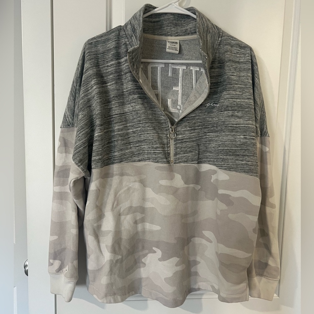 PINK Victoria's Secret Gray and Cream Camo Zip-Up Sweater